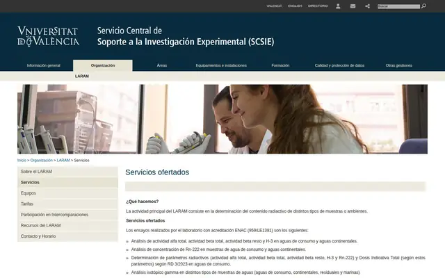 Portada de la web de Laboratorio de Radiactividad Ambiental (LARAM) · Universitat de València